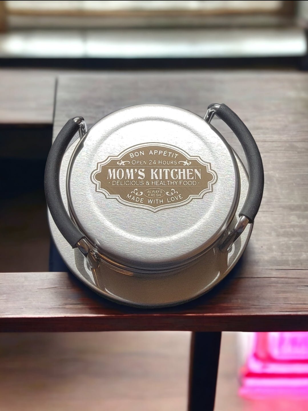 "Mom's Kitchen" Laser Engraved Stainless Steel Laser Engraved Coaster Set- Six Coasters and Holder