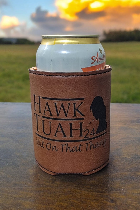 Hawk Tuah Premium PU Leahter Laser Engraved Koozie - River Valley Laser Works