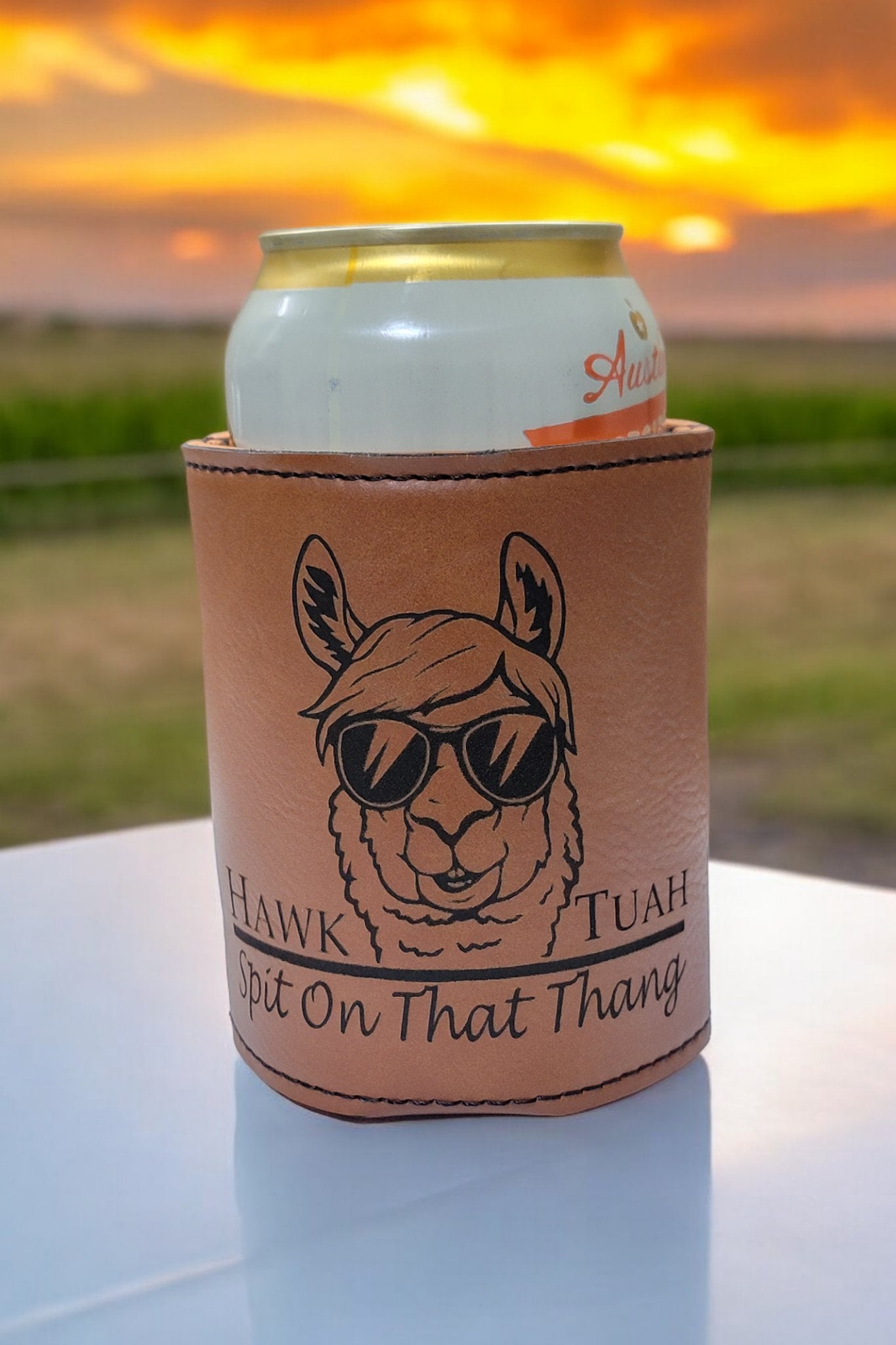 The Big Spitter - Hawk Tuah - Spit On That That Thang Premium PU Leather Laser Engraved Koozie - River Valley Laser Works