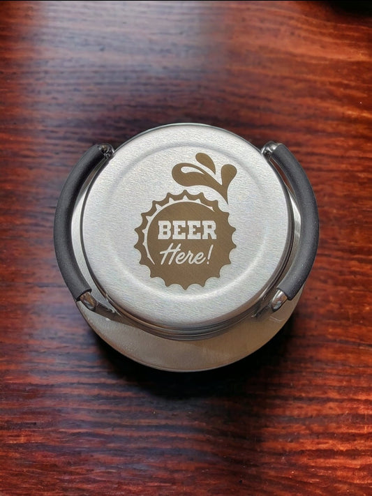 "Beer Here" Laser Engraved Stainless Steel Coaster Set- Six Coasters and Holder