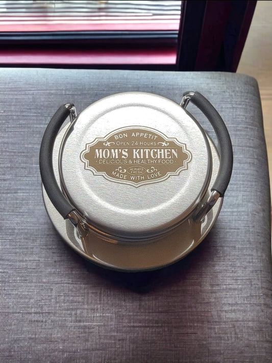 "Mom's Kitchen" Laser Engraved Stainless Steel Laser Engraved Coaster Set- Six Coasters and Holder