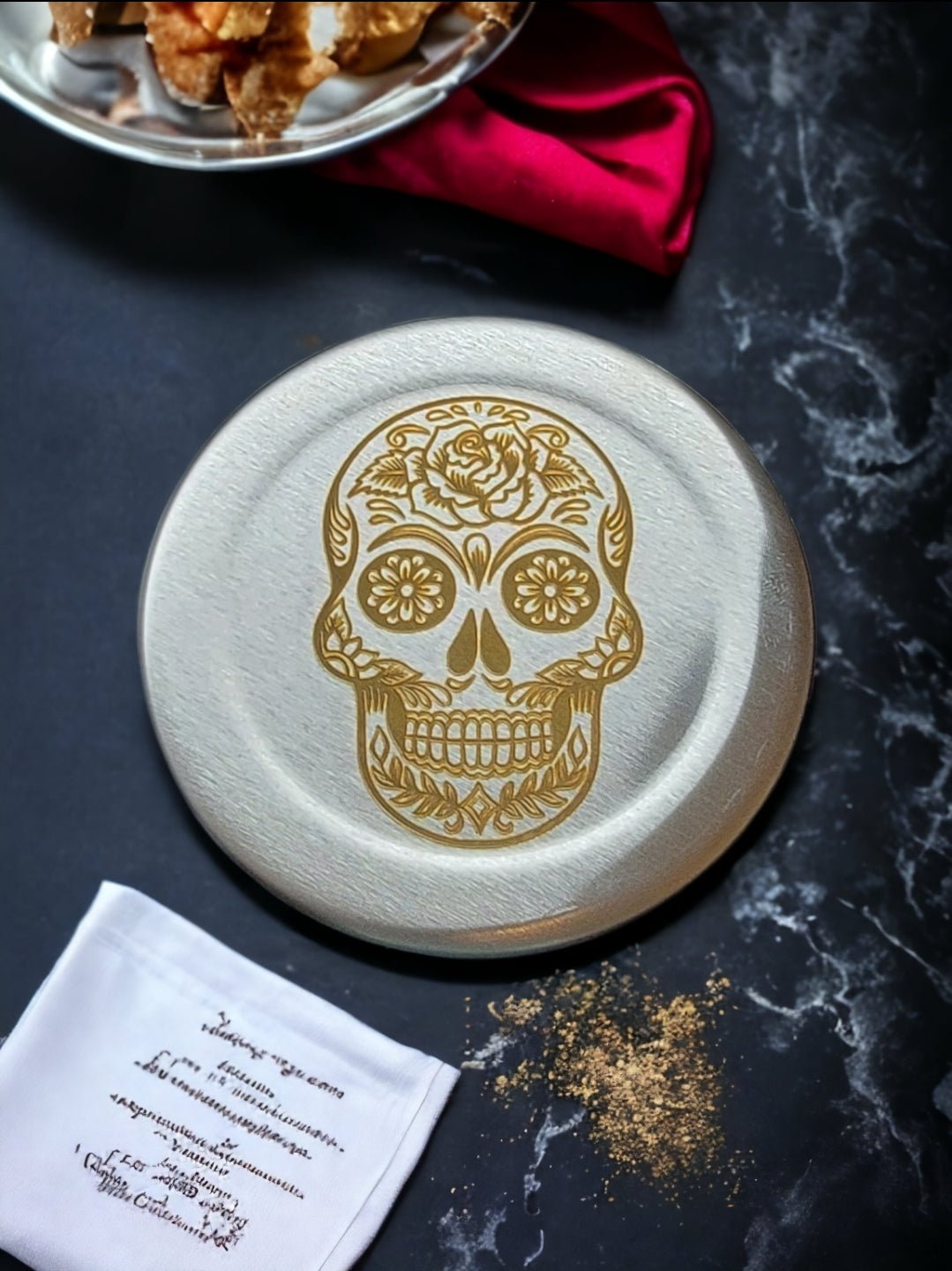 Sugar Skull Laser Engraved Stainless Steel Coaster Set- Six Coasters and Holder - River Valley Laser Works