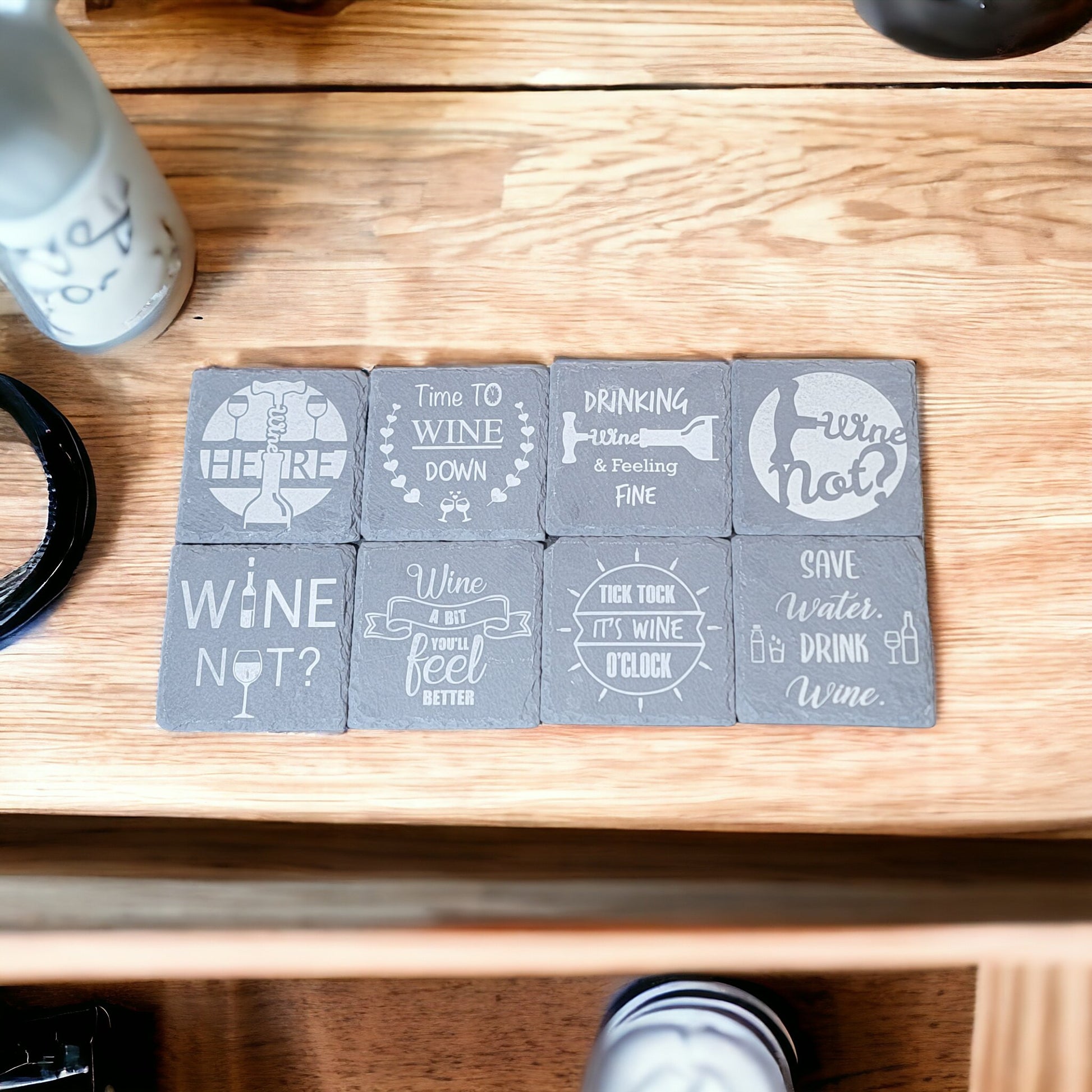 The Wino Pack- 8 Pack of Laser Engraved Slate Coasters - River Valley Laser Works