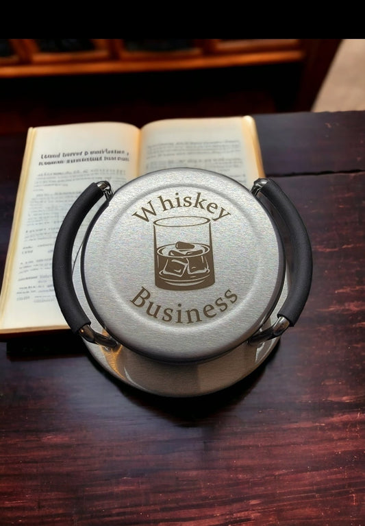 "Whiskey Business" Laser Engraved Stainless Steel Coaster Set- Six Coasters and Holder